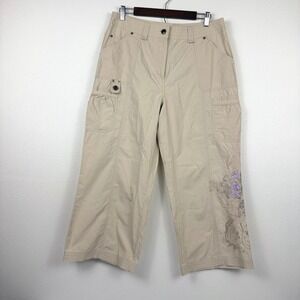 Bernardo Embroidered Floral Khaki Cargo Pants Size 12 Boho Utility Gorpcore Crop